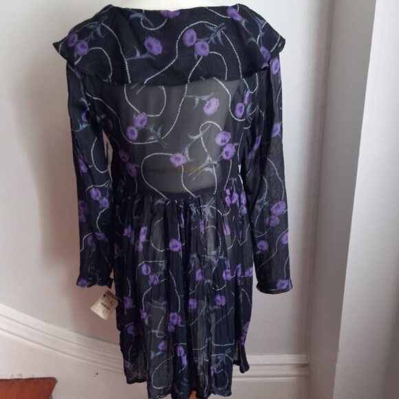 VINTAGE 90s Y2K EQUATION BLACK PURPLE CHIFFON BABYDOLL FLORAL DRESS NOS M - Picture 2 of 9